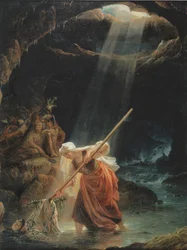 Schilderij van Robert Wilhelm Ekman, Lemminkäinens moeder in Tuonela. Lemminkäinens moeder harkt het lichaam van haar zoon uit de rivier van Tuonela